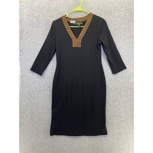 Lauren Ralph Women's A Line Dress Solid Black Brown Trim V Neck Small Cotton